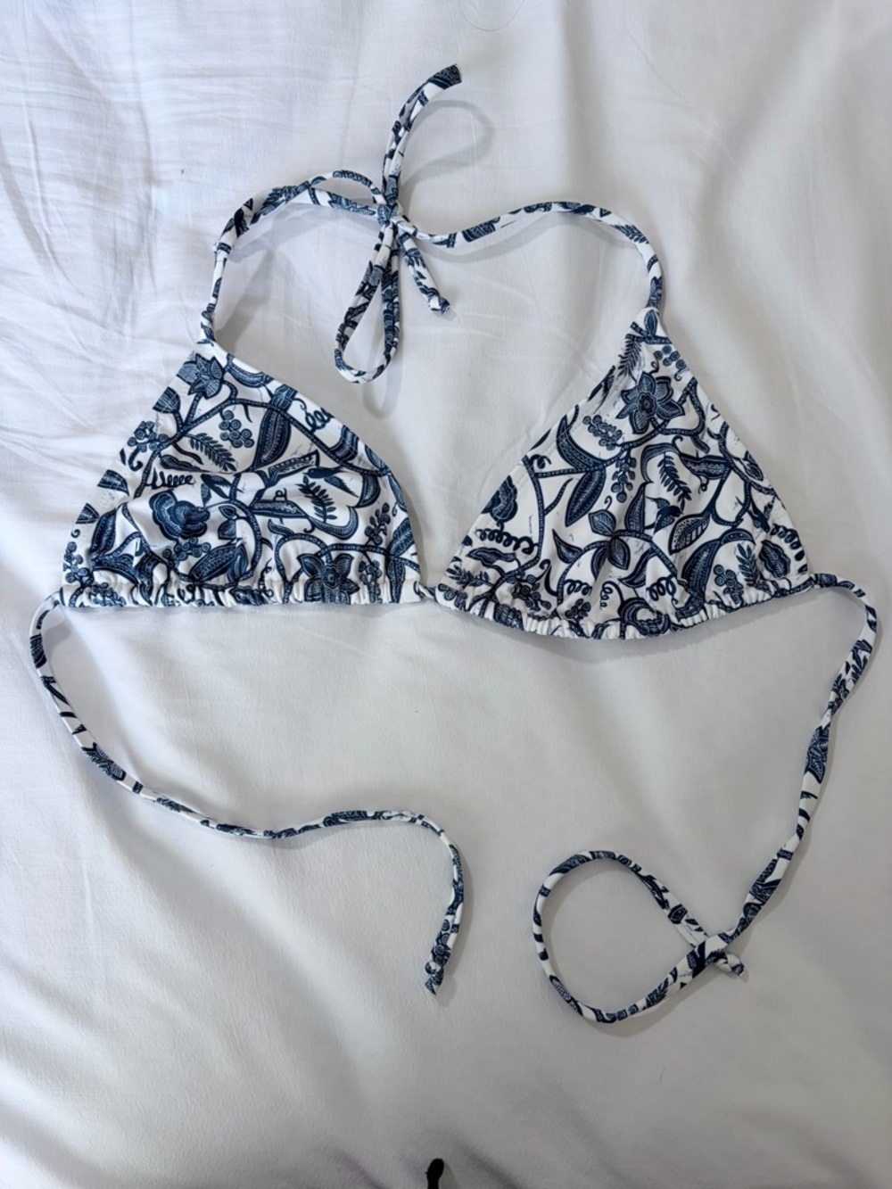 White & Navy Floral Triangle Bikini Top